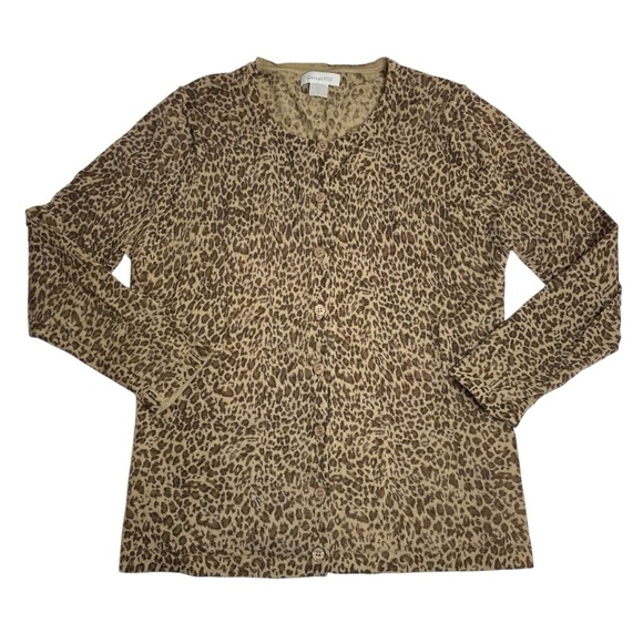 Garnet Hill Animal Print Button Up Cardigan Sweater Merino Wool Brown Tan Small - Picture 1 of 5